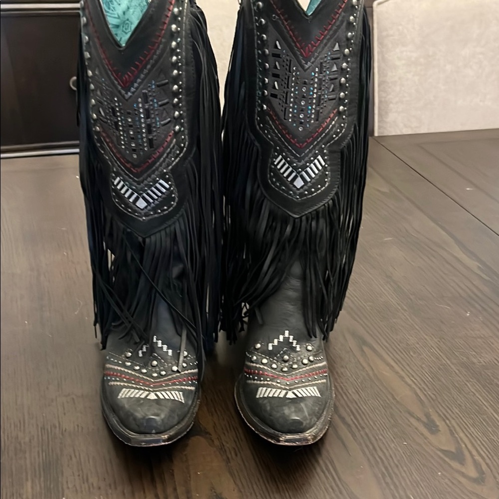 Fringe Western Boots - Black and Red